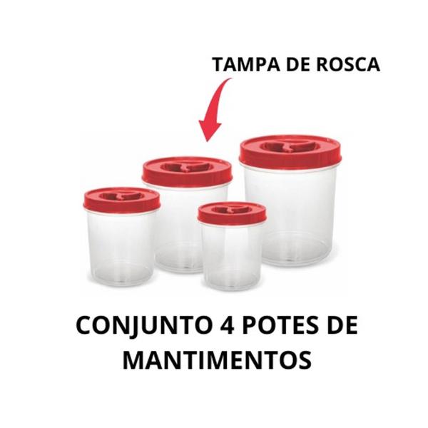 Imagem de Conjunto 4 Potes Mantimentos Redondo Com Tampa De Rosca Transparente Resistente Cores Sortidas