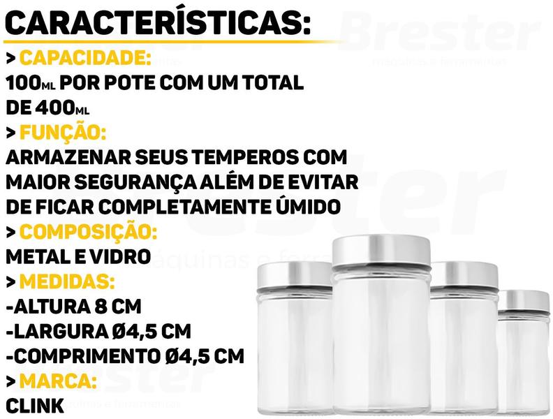 Imagem de Conjunto 4 Potes Para Condimentos Temperos Vidro Tampa Em Metal 100ml Organização Cozinha