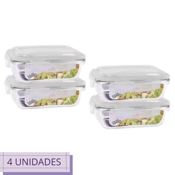 Imagem de Conjunto 4 Potes Retangular Vidro Hermetico c Trava 1040 ml