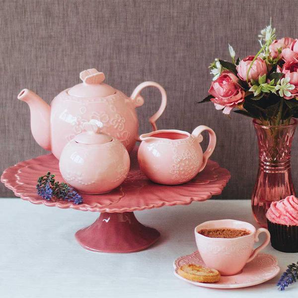 Imagem de Conjunto 4 Xícaras Café com Pires de Porcelana Rosa 120ml - Bon Gourmet