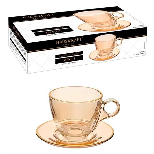 Imagem de Conjunto 4 Xícaras de Café com Pires Borda Dourada Linha Cristal Premium Âmbar 85ml JGXC091AB - Hauskraft