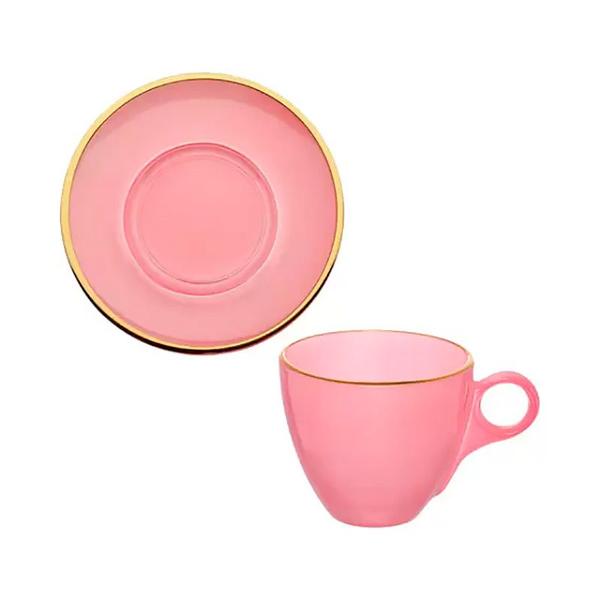 Imagem de Conjunto 4 Xícaras de Café com Pires Borda Dourada Linha Premium Rosa 85ml JGXC088RS - Hauskraft