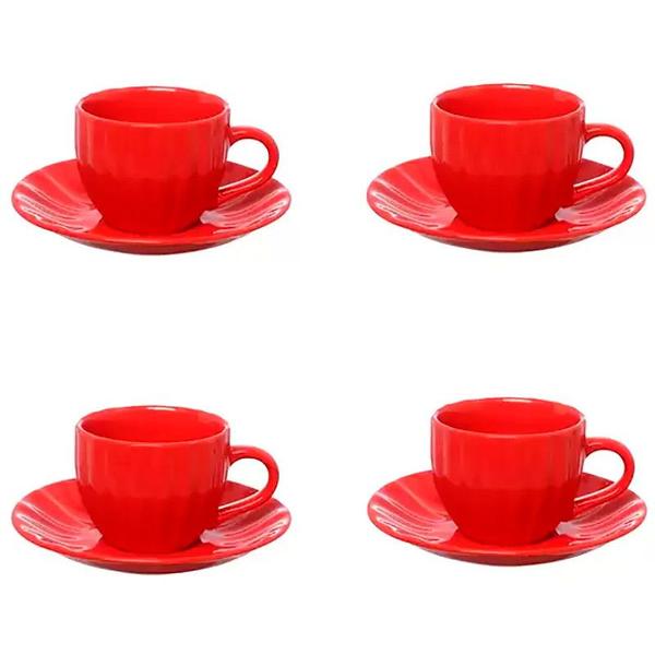 Imagem de Conjunto 4 Xícaras de Café com Pires Cerâmica Bella 150ml Vermelha JGCH064VM - Hauskraft