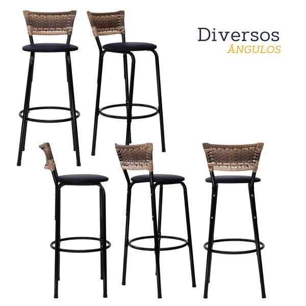 Imagem de Conjunto 5 Banqueta Alta Estrutura Preta Encosto Junco Cappuccino 70cm Itagold