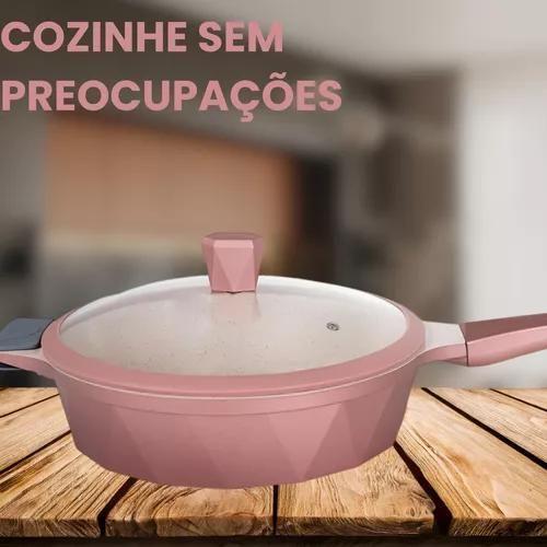 Imagem de Conjunto 5 Peças Cozinha Indução Diamante Rose Bege Marmorizado Panela N16 Frigideira N28 Caçarola N20 - N24 - N28