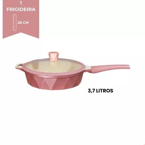 Imagem de Conjunto 5 Peças Cozinha Indução Diamante Rose Bege Marmorizado Panela N16 Frigideira N28 Caçarola N20 - N24 - N28