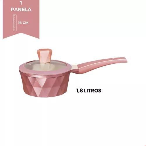 Imagem de Conjunto 5 Peças Cozinha Indução Diamante Rose Bege Marmorizado Panela N16 Frigideira N28 Caçarola N20 - N24 - N28