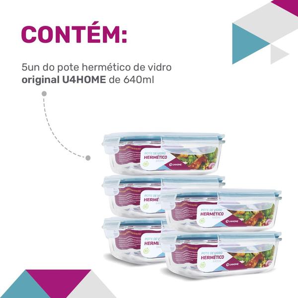 Imagem de Conjunto 5 Potes de Vidro Hermético Mantimentos Tampa 640ml