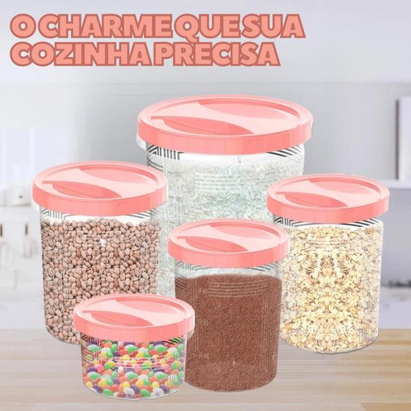 Imagem de Conjunto 5 Potes Porta Mantimento Tampa Com Rosca Rosa Transparente Decoração Organizar Cozinha