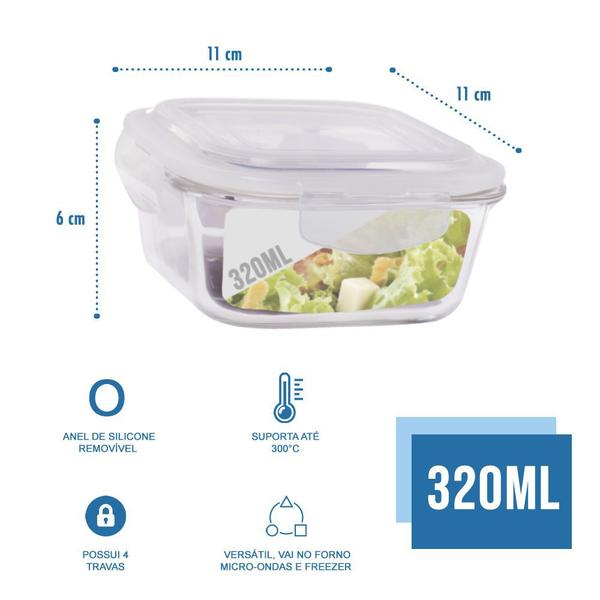 Imagem de Conjunto 5 Potes Vidro 320ml Hermético 4 Travas Alimentos