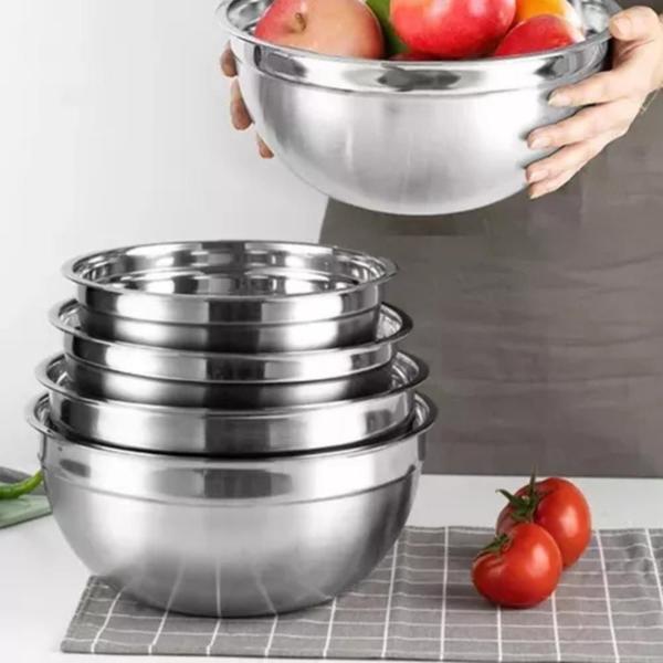 Imagem de Conjunto 5 Tigelas Bowl Inox Vasilhas Multiuso Sobremesa Saladeira Cumbuca Marinadas Bacia Não Mancha