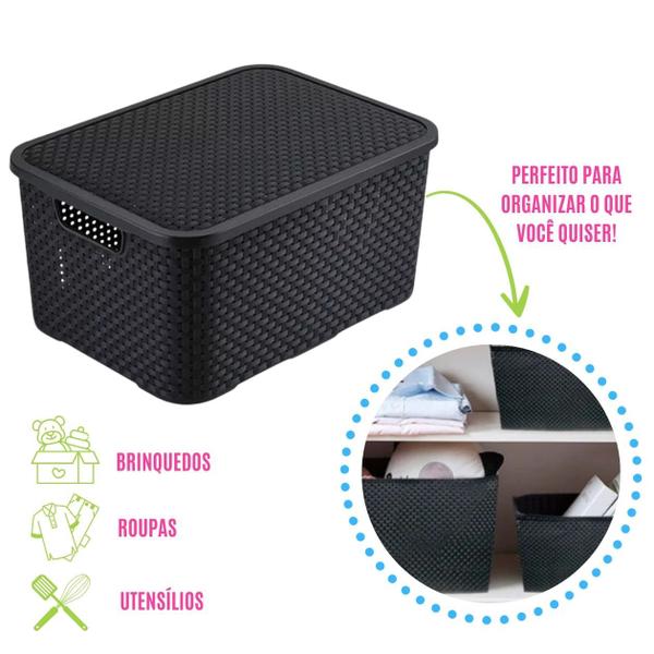 Imagem de Conjunto 6 Caixas Organizadoras C/ Tampa 7L Empilhável Decorativo Cesto P/ Quarto Lavanderia Cozinha Roupas Rattan Resistente