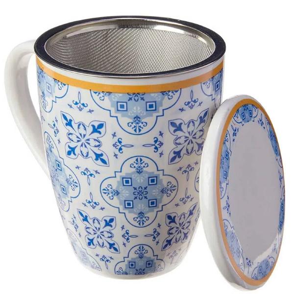 Imagem de Conjunto 6 Canecas de Porcelana para Chá 310ml com Tampa e Filtro Inox Lisboa Lyor Azul