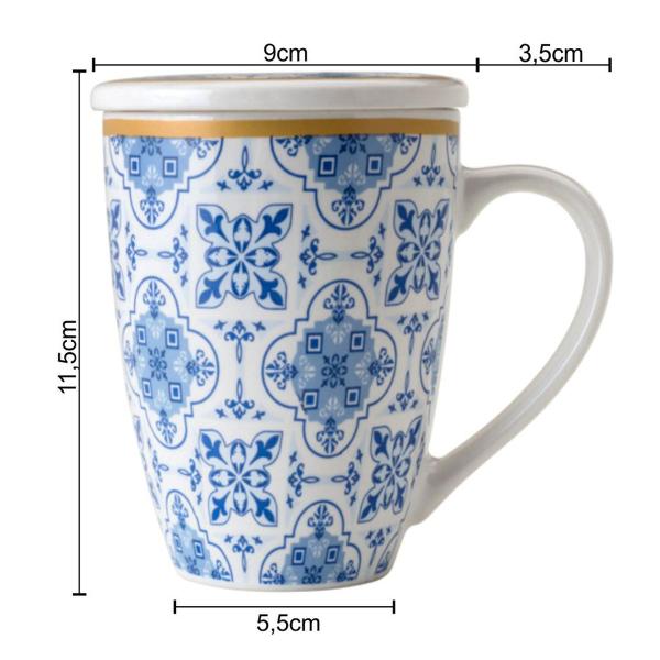 Imagem de Conjunto 6 Canecas de Porcelana para Chá 310ml com Tampa e Filtro Inox Lisboa Lyor Azul