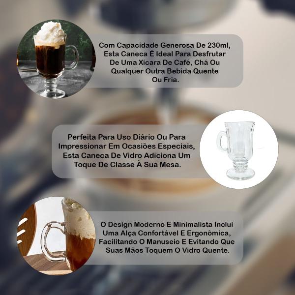 Imagem de Conjunto 6 Peças Caneca Classic Coquetel Irish Coffee Vidro Alça 230ml Taça Café Cappuccino Chocolate Quente Elegante