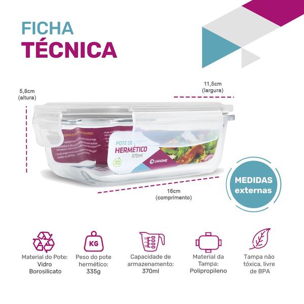 Imagem de Conjunto 6 Potes com 370ml Vidro Hermético Marmita Fitness