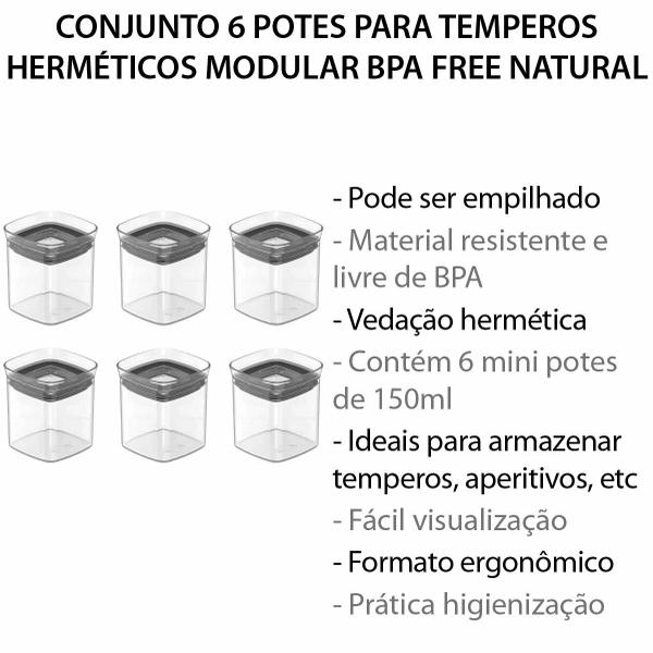 Imagem de Conjunto 6 Potes Herméticos Porta Temperos Condimento 150ml Tampa Vedação Borracha BPAFree