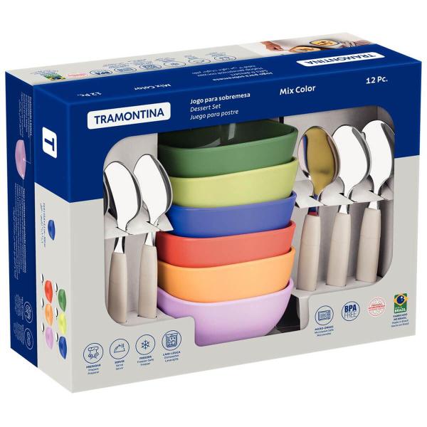 Imagem de Conjunto 6 Tigelas de Sobremesa Bowl e 6 Colheres Tramontina Mixcolor Colorido Plástico