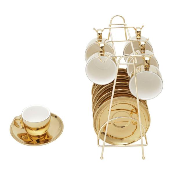 Imagem de Conjunto 6 xícaras 90 ml para café de porcelana branco/dourado com pires e suporte Versa  Wolff - 18