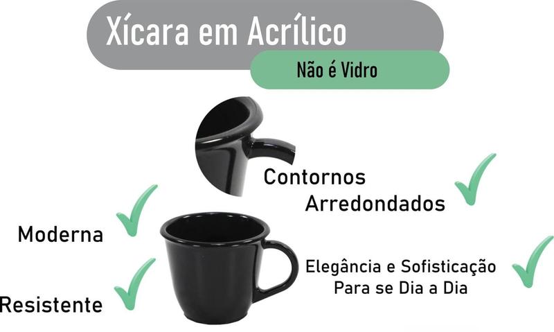 Imagem de Conjunto 6 Xícaras Acrílica Preta 85 Ml Com Pires Madeira