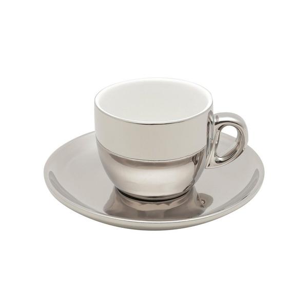 Imagem de Conjunto 6 Xícaras de Café com Pires de Porcelana e Suporte Versa Branco/Prata 90ml - Wolff