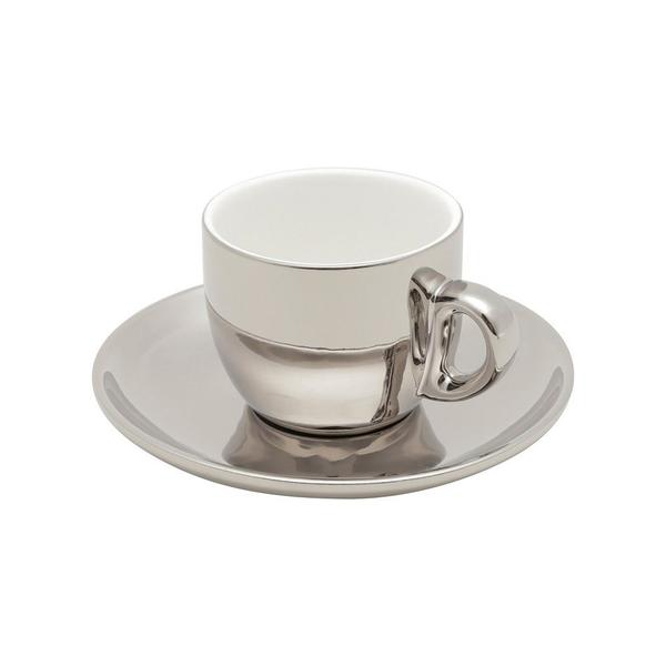 Imagem de Conjunto 6 Xícaras de Café com Pires de Porcelana e Suporte Versa Branco/Prata 90ml - Wolff