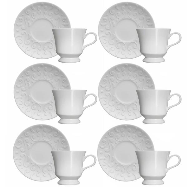 Imagem de Conjunto 6 Xícaras de Chá com Pires 80ml Porcelana em Relevo Tassel Germer Branco