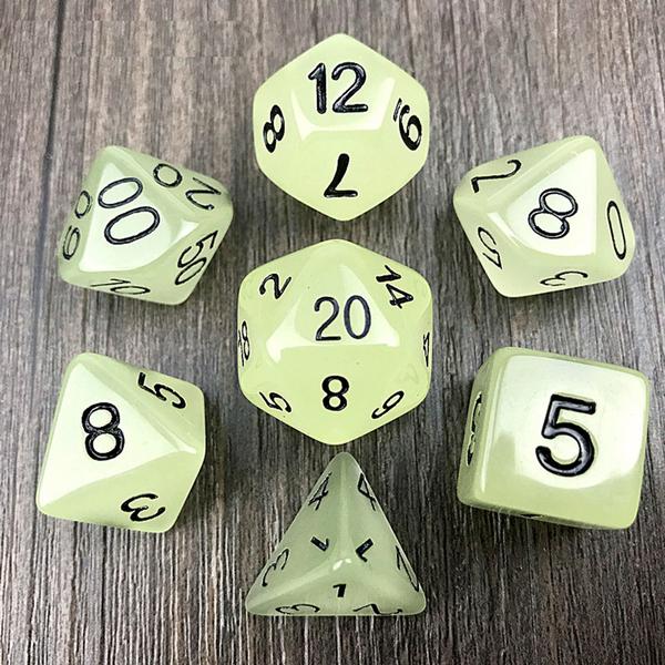 Imagem de Conjunto 7 Dados Rpg D&d Verde Brilha No Escuro + 1 Bolsa