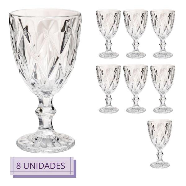 Conjunto 8 Taças Diamante Transp. 330ml Vidro Vinho Água - CLASS HOME Imagem de Conjunto 8 Taças Diamante Transp. 330ml Vidro Vinho Água