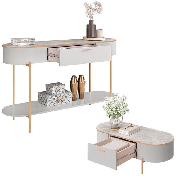 Imagem de Conjunto Aparador Decorativo Amanda 1 Gaveta e Mesa de Centro Bento 1 Gaveta Pés Metálicos Dourados Fendi/Quartzo G18 - Gran Belo