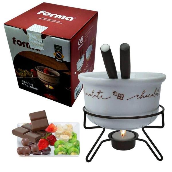 Imagem de Conjunto Aparelho De Fondue Chocolate Porcelana Casal 5 Peças Doce Frutas Cerâmica Alto Padrão Qualidade Forma Inox