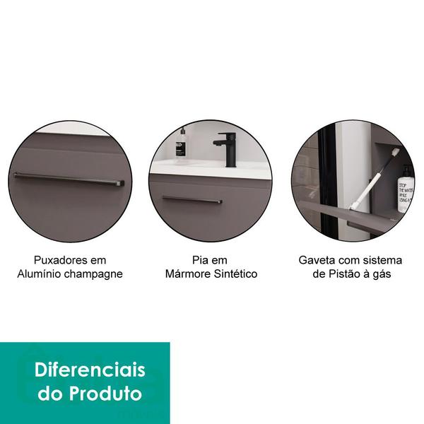 Imagem de Conjunto Armário Para Banheiro 100% MDF 60cm Metalon Ipanema Com Espelheira E Pia Mgm Móveis Titanio