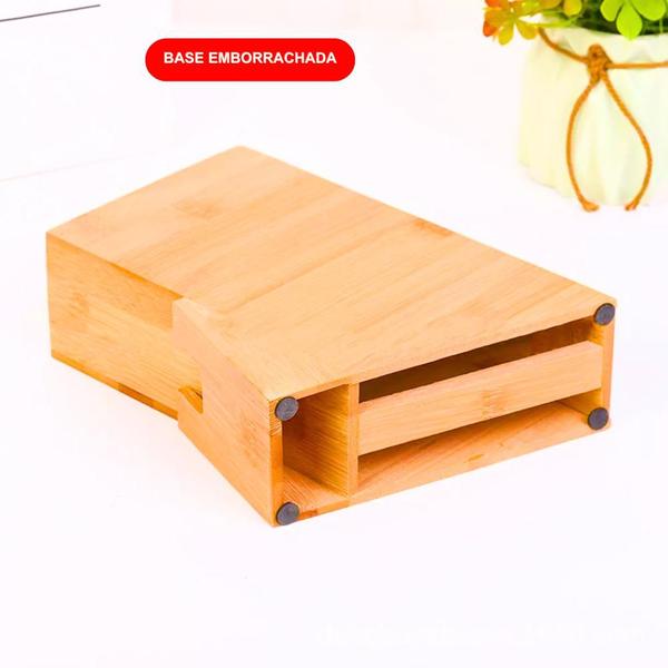 Imagem de Conjunto Bambu Cozinha Espatulas Colher de pau Escorredor Pratos Suporte Facas Cepo kit