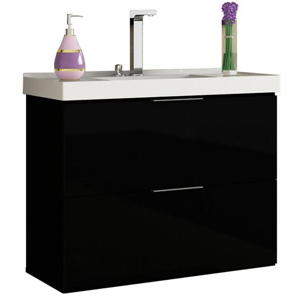 Imagem de Conjunto Banheiro Gabinete 80cm Com Lavatório E Espelho Pietra B06 Preto Brilho - Lyam Decor