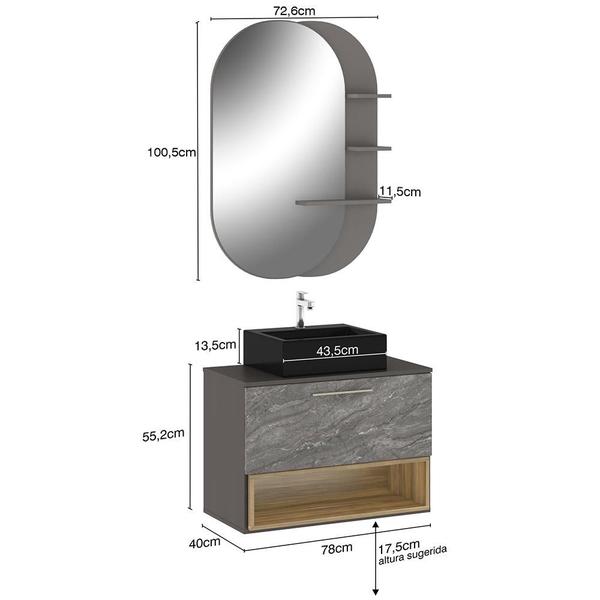 Imagem de Conjunto Banheiro Gabinete Suspenso Com Cuba E Espelho Vicenza B06 Preto Magneto Nogal - Lyam Decor