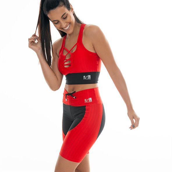 Conjunto Bermuda e Top BYG Red e Black - BYG Moda Fitness Imagem de Conjunto Bermuda e Top BYG Red e Black