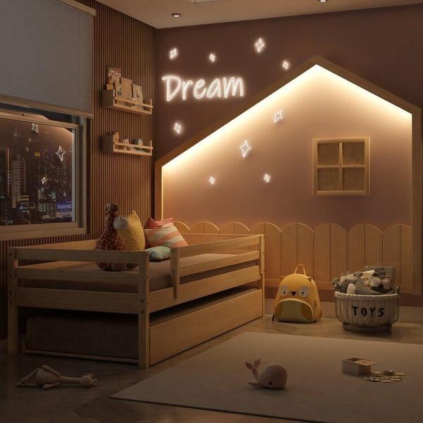 Imagem de Conjunto Bicama Solteiro Infantil Prime com Grade de Proteção e Moldura em Led Dream Decor Casatema Natural