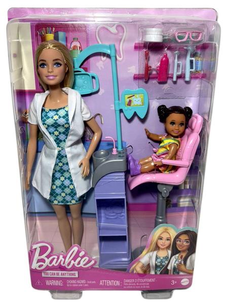 Imagem de Conjunto Boneca Barbie Loira Profissões Quero Ser Doutora Dentista Com Acessórios Da Profissão E Mini Boneca Menina Chelsea Paciente Morena  Mattel