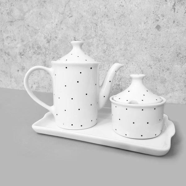 Imagem de Conjunto bule de café com açucareiro e bandeja porcelana poá pretoBule Cilindrico 650 ml Branco