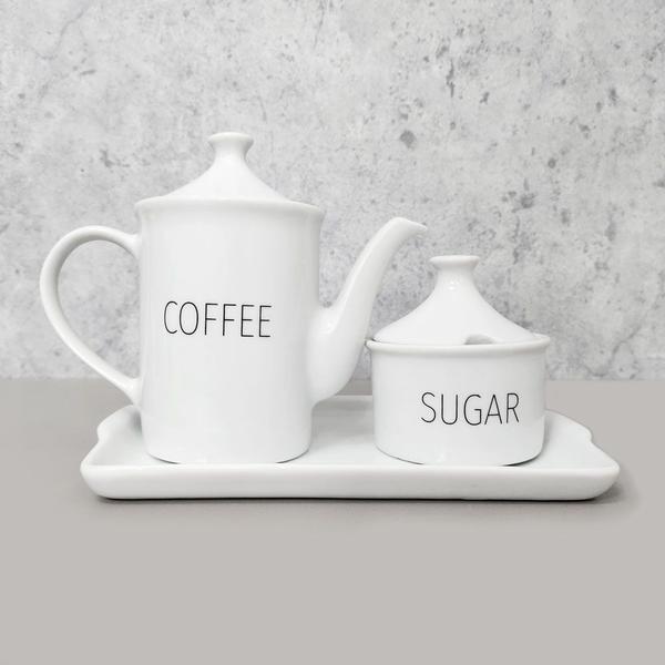 Imagem de Conjunto bule de café com açucareiro e bandeja porcelana words