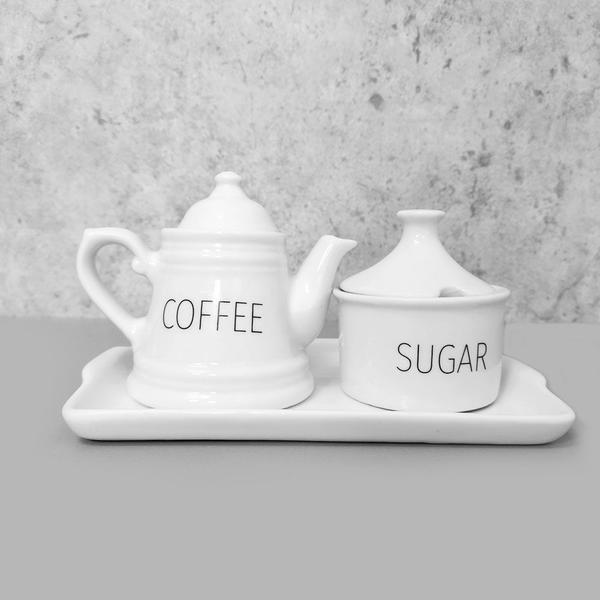 Imagem de Conjunto bule de café provençal com açucareiro e bandeja porcelana words