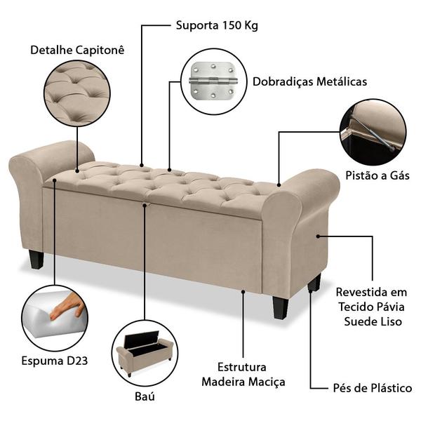 Imagem de Conjunto Cabeceira Box Com Recamier Divã Estofado Capitonê Para Cama Casal 1.40 cm Dubai Várias Cores  LH Moveis