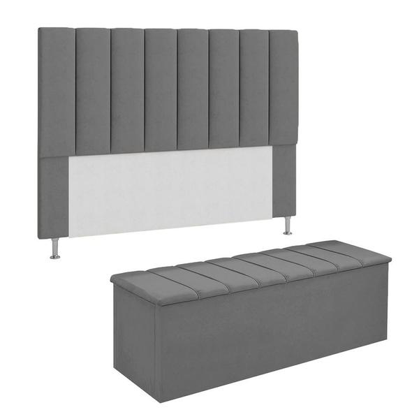 Imagem de Conjunto Cabeceira E Calçadeira Cancun Para Cama Box King 195 cm Suede Cinza - DL Decor