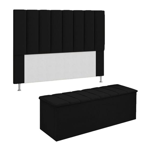 Imagem de Conjunto Cabeceira E Calçadeira Cancun Para Cama Box King 195 cm Suede Preto - LM DECOR