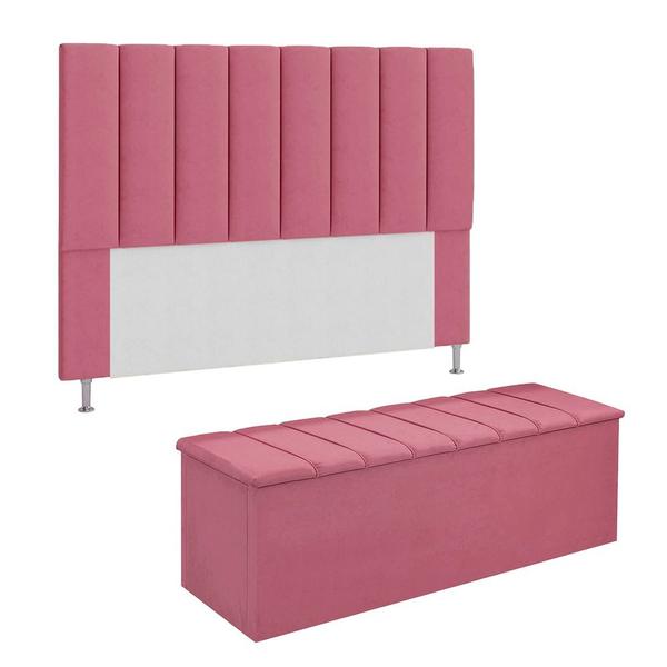 Imagem de Conjunto Cabeceira E Calçadeira Cancun Para Cama Box King 195 cm Suede Rosa Barbie - LM DECOR