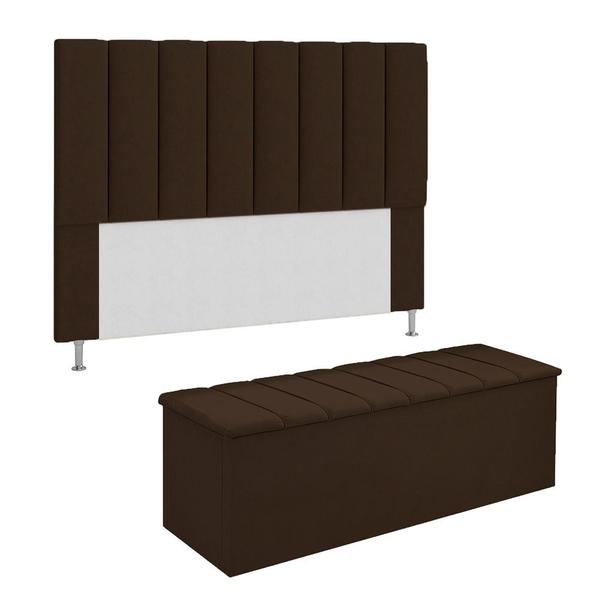 Imagem de Conjunto Cabeceira E Calçadeira Cancun Para Cama Box Queen 160 cm Suede Marrom - DL Decor