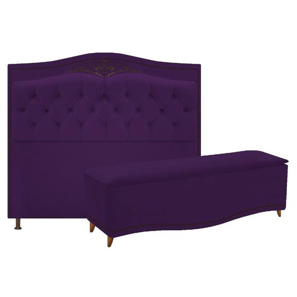 Imagem de Conjunto Cabeceira Estofado Yasmim + Recamier Baú Yasmim 140 Cm Para Cama Box Casal Quarto Suede Roxo - Amarena