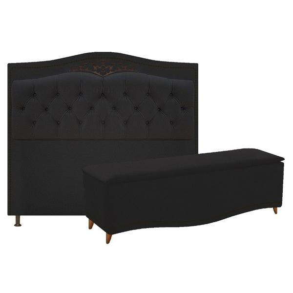 Imagem de Conjunto Cabeceira Estofado Yasmim + Recamier Baú Yasmim 195 Cm Para Cama Box King Size Quarto Suede Preto - Amarena