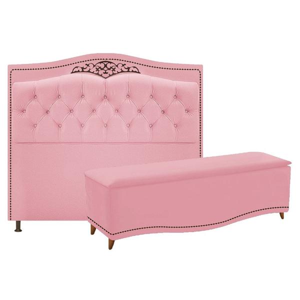 Imagem de Conjunto Cabeceira Estofado Yasmim + Recamier Baú Yasmim 90 Cm Para Cama Box Solteiro Quarto Suede Rosa Bebê - Amarena