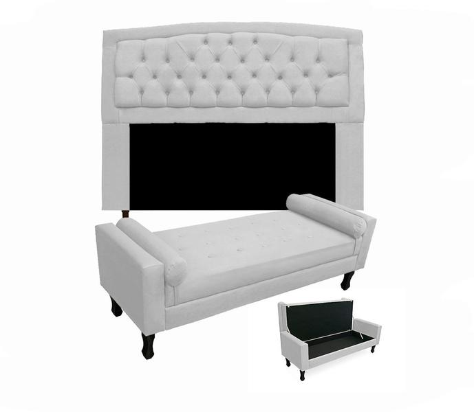 Imagem de Conjunto Cabeceira Geovana + Calçadeira Fênix King 195cm Suede Branco - DL Decor